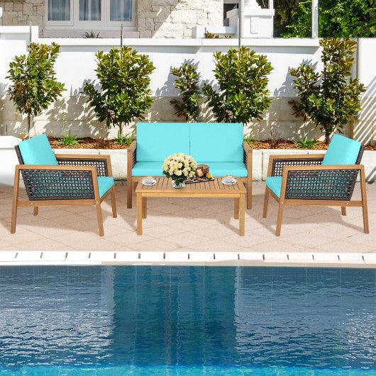 4 Pieces Patio Rattan Furniture Set with Removable Cushions-Turquoise at Set Shop and Smile