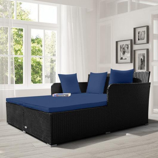 Spacious Outdoor Rattan Daybed with Upholstered Cushions and Pillows-Navy at Set Shop and Smile