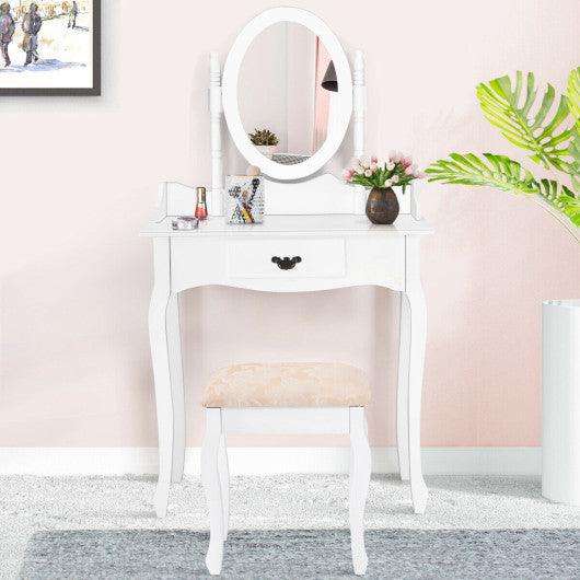 Wooden Vanity Makeup Set with Cushioned Stool and Oval Rotating Mirror at Set Shop and Smile