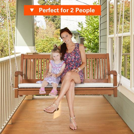 2-Person Hanging Porch Swing Wood Bench with Cushion Curved Back at Set Shop and Smile