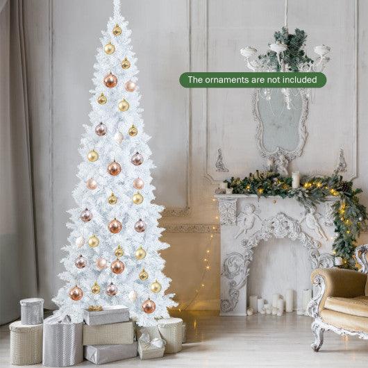 7 Feet Pre-Lit Hinged Pencil Christmas Tree White with 300 LED Lights and 8 Flash Modes at Set Shop and Smile