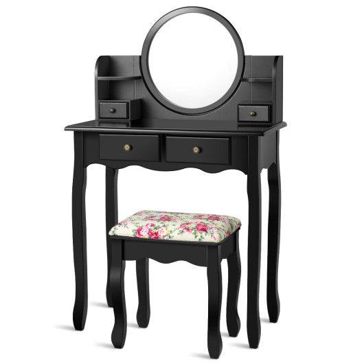 Makeup Vanity Table Set Girls Dressing Table with Drawers Oval Mirror-Black at Set Shop and Smile