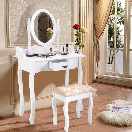 Wooden Vanity Makeup Set with Cushioned Stool and Oval Rotating Mirror at Set Shop and Smile
