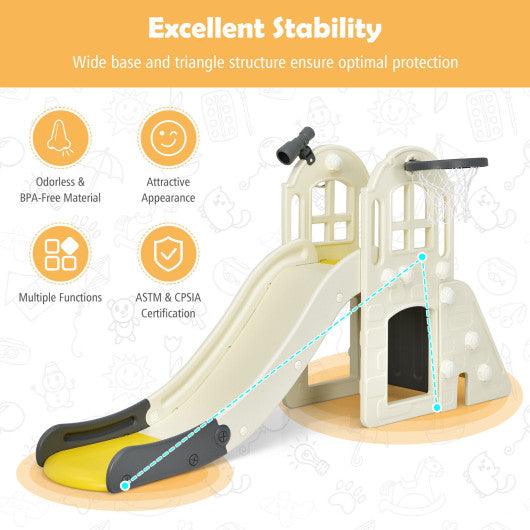 6-In-1 Large Slide for Kids Toddler Climber Slide Playset with Basketball Hoop-Yellow at Set Shop and Smile