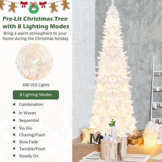 7 Feet Pre-Lit Hinged Pencil Christmas Tree White with 300 LED Lights and 8 Flash Modes at Set Shop and Smile