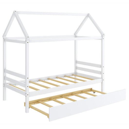 Twin House Bed Frame with Trundle Roof Wooden Platform Mattress Foundation-White at Set Shop and Smile