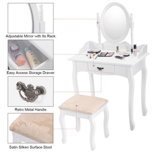 Wooden Vanity Makeup Set with Cushioned Stool and Oval Rotating Mirror at Set Shop and Smile