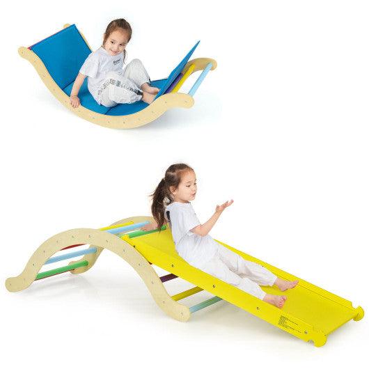 3-in-1 Kids Climber Set Wooden Arch Triangle Rocker with Ramp and Mat at Set Shop and Smile