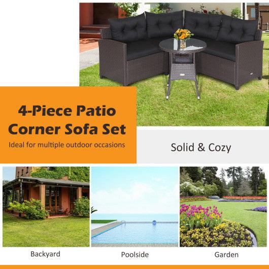 4 Pieces Patio Rattan Furniture Set Cushioned Sofa Glass Table-Black at Set Shop and Smile