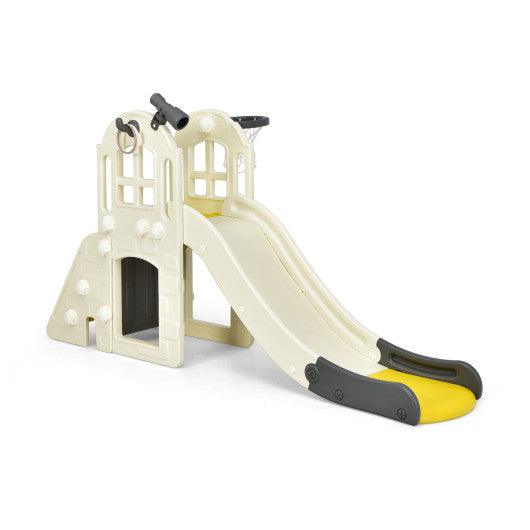 6-In-1 Large Slide for Kids Toddler Climber Slide Playset with Basketball Hoop-Yellow at Set Shop and Smile