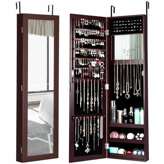 Full Length Mirror Jewelry Cabinet with Ring Slots and Necklace Hooks-Dark Brown at Set Shop and Smile