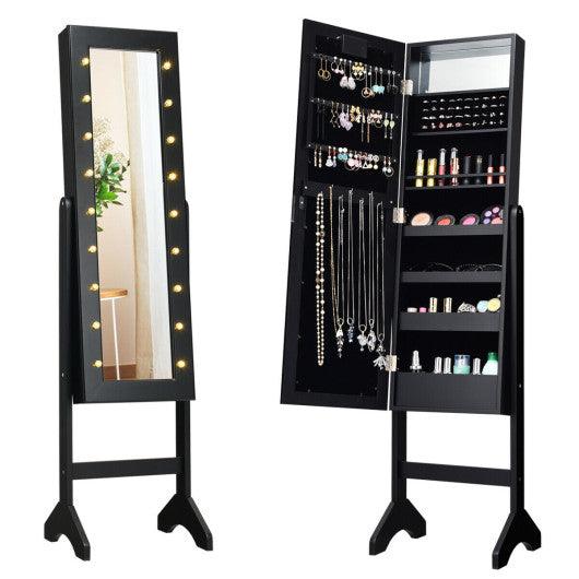 Mirrored Jewelry Cabinet Armoire Organizer w/ LED lights-Black at Set Shop and Smile