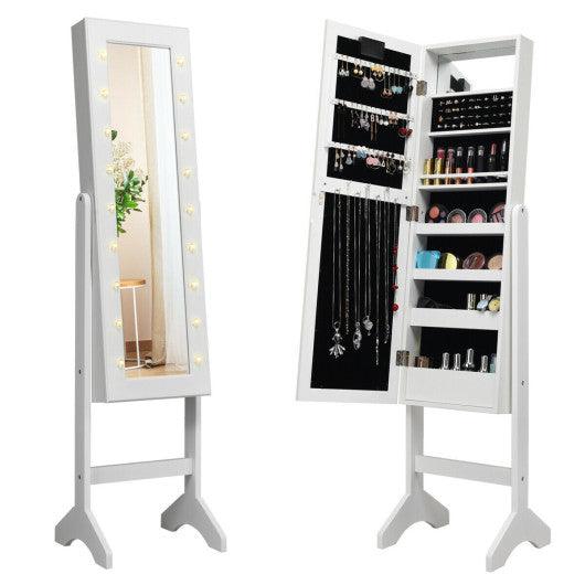 Mirrored Jewelry Cabinet Armoire Organizer w/ LED lights-White at Set Shop and Smile