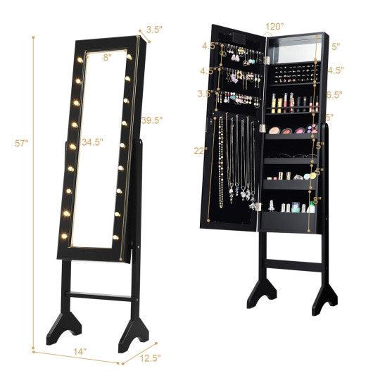 Mirrored Jewelry Cabinet Armoire Organizer w/ LED lights-Black at Set Shop and Smile