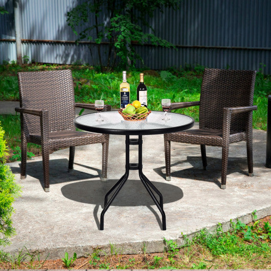 32 Inch Outdoor Patio Round Tempered Glass Top Table with Umbrella Hole - Set Shop and Smile