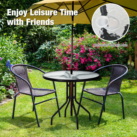 32 Inch Outdoor Patio Round Tempered Glass Top Table with Umbrella Hole - Set Shop and Smile
