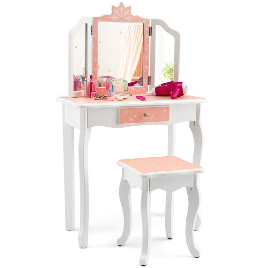 Princess Vanity Table and Chair Set with Tri-Folding Mirror and Snowflake Print-Pink - Set Shop and Smile