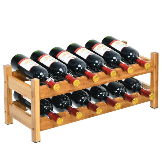 2-Tier 12 Bottles Bamboo Storage Shelf  Wine Rack-Brown - Set Shop and Smile