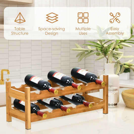 2-Tier 12 Bottles Bamboo Storage Shelf  Wine Rack-Brown - Set Shop and Smile