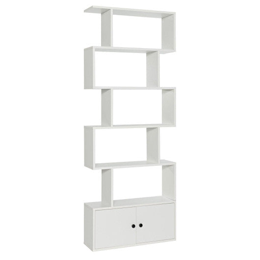6-Tier S-Shaped Freestanding Bookshelf with Cabinet and Doors-Coffee - Set Shop and Smile