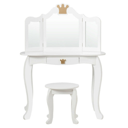 Kids Makeup Dressing Table with Tri-folding Mirror and Stool-White - Set Shop and Smile