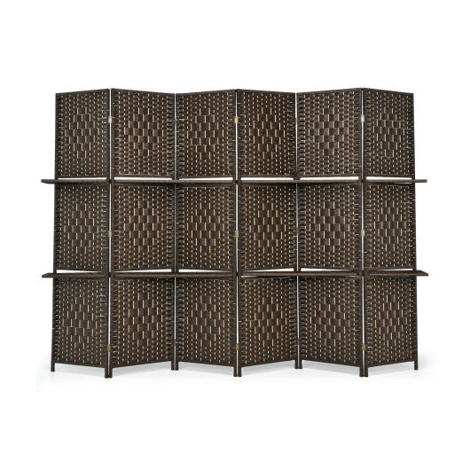 6 Panel Folding Weave Fiber Room Divider with 2 Display Shelves -Black - Set Shop and Smile