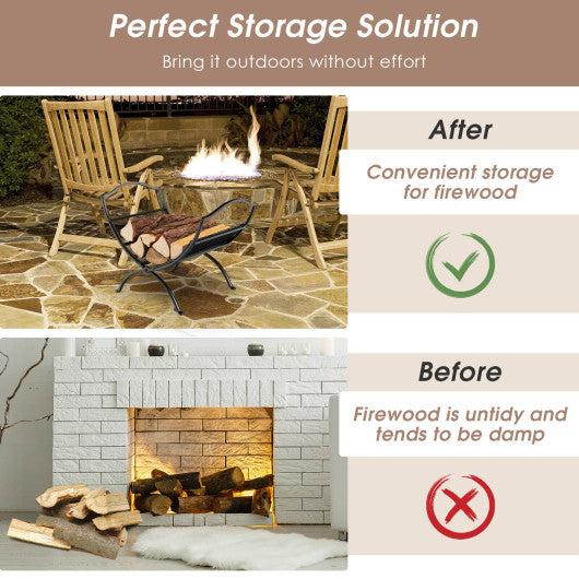 19 Inch Folding Fireplace Log Rack with Convenient Handle-Black - Set Shop and Smile