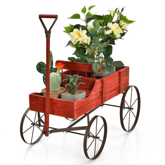 Wooden Wagon Plant Bed With Wheel for Garden Yard-Brown - Set Shop and Smile