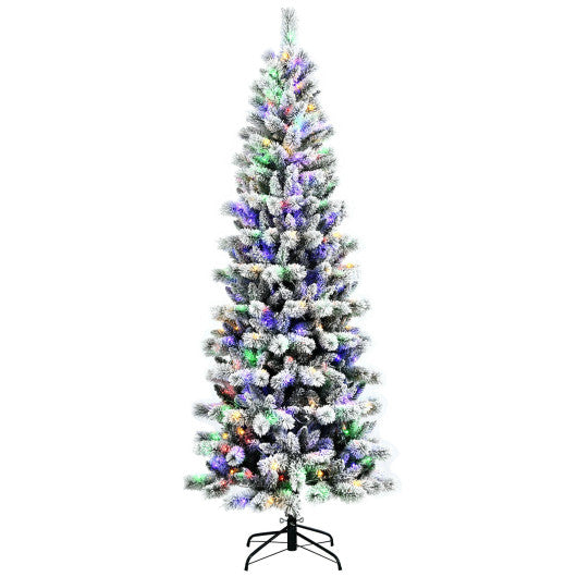 5 Feet Pre-Lit Hinged Christmas Tree Snow Flocked with 9 Modes Remote Control Lights - Set Shop and Smile