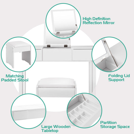 Vanity Makeup Dressing Table Set with Flip Top Mirror and Cushioned Stool-Black - Set Shop and Smile