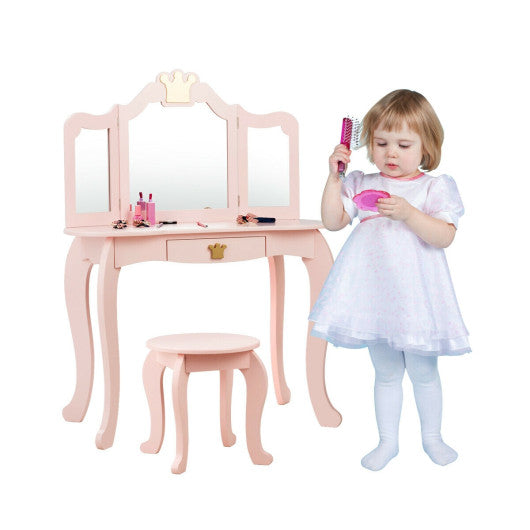 Kids Makeup Dressing Table with Tri-folding Mirror and Stool-Pink - Set Shop and Smile