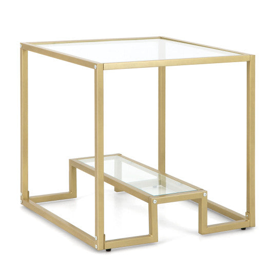 22 Inch 2-Tier Square Sofa Side Table with Tempered Glass Tabletop-Golden - Set Shop and Smile