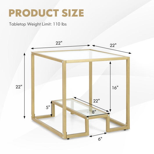22 Inch 2-Tier Square Sofa Side Table with Tempered Glass Tabletop-Golden - Set Shop and Smile