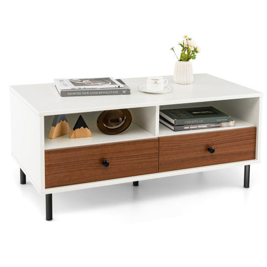 2 Tier 40 Inch Length Modern Rectangle Coffee Table with Storage Shelf and Drawers-White - Set Shop and Smile