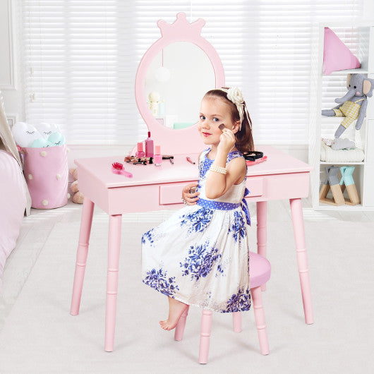 Kids Vanity Makeup Table & Chair Set Make Up Stool-White