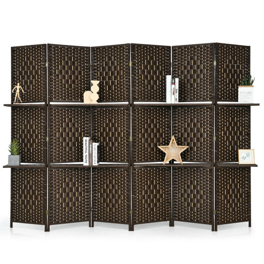 6 Panel Folding Weave Fiber Room Divider with 2 Display Shelves -Black - Set Shop and Smile
