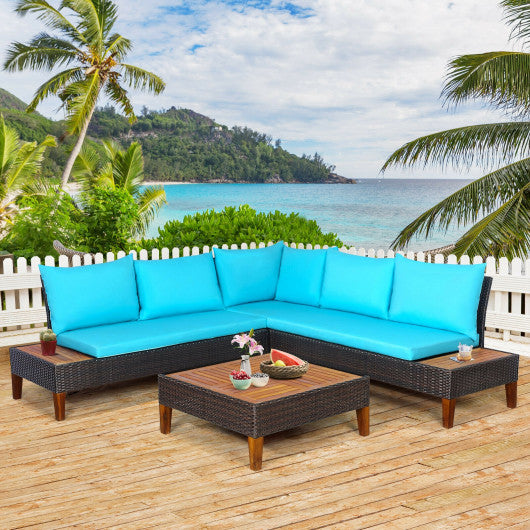 4 Pieces Patio Cushioned Rattan Furniture Set with Wooden Side Table-Navy - Set Shop and Smile
