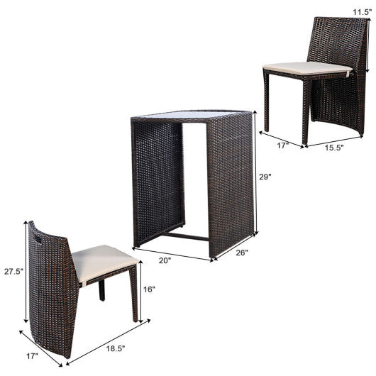 3 Pieces Cushioned Outdoor Wicker Patio Set with No Assembly Needed