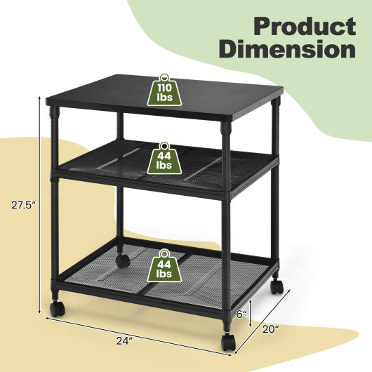 3 Tier Printer Stand Rolling Fax Cart with Adjustable Shelf and Swivel Wheels - Set Shop and Smile