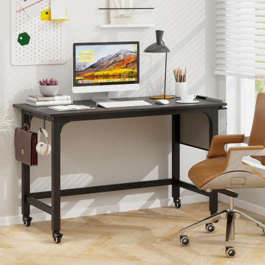 Wood Top Metal Frame Rolling Computer Desk Laptop Table-Black