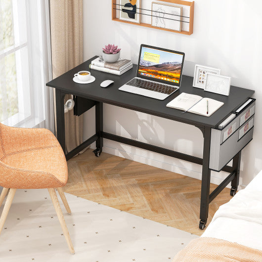 Wood Top Metal Frame Rolling Computer Desk Laptop Table-Black