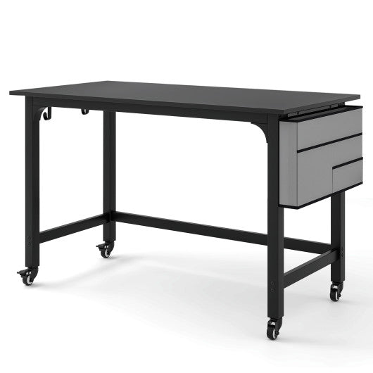 Wood Top Metal Frame Rolling Computer Desk Laptop Table-Black