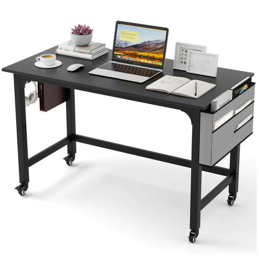 Wood Top Metal Frame Rolling Computer Desk Laptop Table-Black