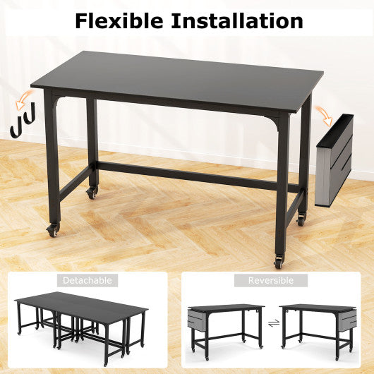 Wood Top Metal Frame Rolling Computer Desk Laptop Table-Black