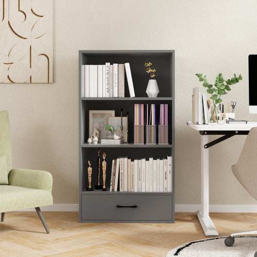 48 Inch Tall 4 Tiers Wood Bookcase with Drawer-Gray