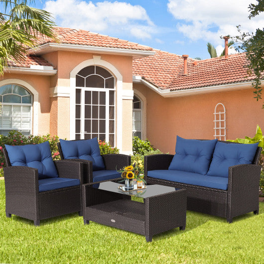4 Pieces Patio Rattan Furniture Set with Tempered Glass Coffee Table-Navy - Set Shop and Smile