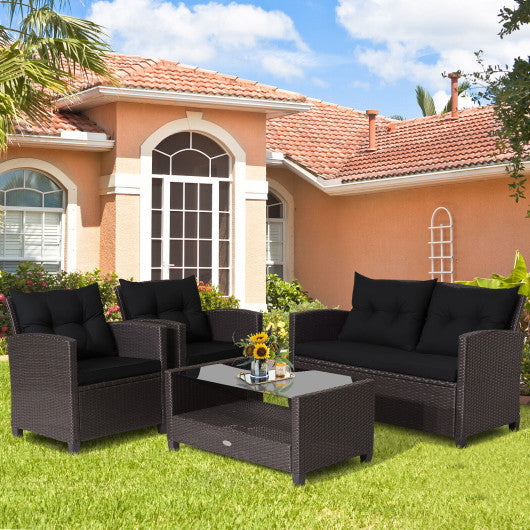 4 Pieces Patio Rattan Furniture Set with Tempered Glass Coffee Table-Black - Set Shop and Smile