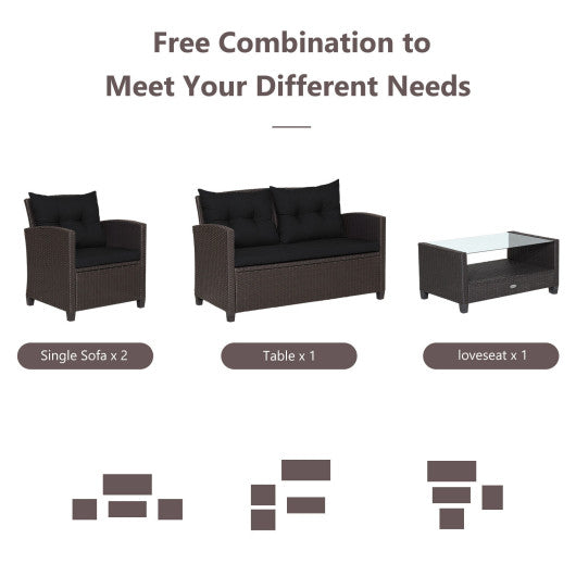 4 Pieces Patio Rattan Furniture Set with Tempered Glass Coffee Table-Black - Set Shop and Smile