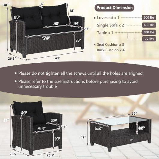 4 Pieces Patio Rattan Furniture Set with Tempered Glass Coffee Table-Black - Set Shop and Smile