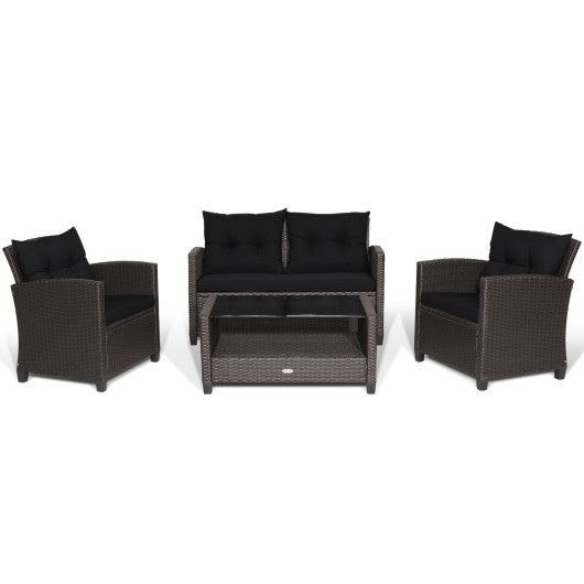 4 Pieces Patio Rattan Furniture Set with Tempered Glass Coffee Table-Black - Set Shop and Smile